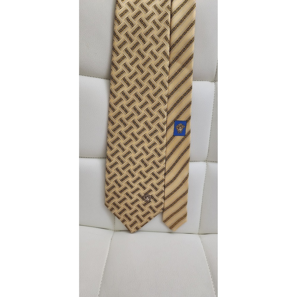Versace Mens Silk Tie Gold Yellow Greek Key Medusa Head Geometric Made in Italy